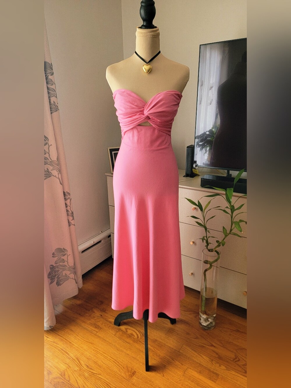 PETAL AND PUP Pink Cotton Linen Strapless Twist Cutout Midi Dress Size 2